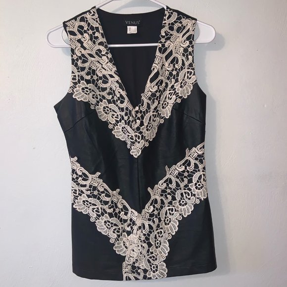VENUS Tops - 20%OFF 2 ♥️ VENUS  Black Pleather Vest W/White Crochet Trim NWOT Size 6